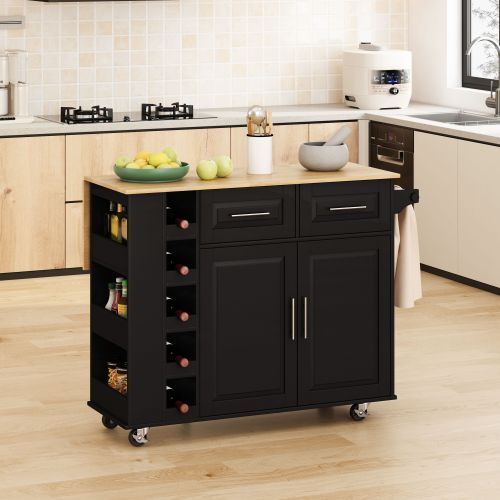 Multi-Functional Kitchen Island Cart with 2 Door Cabinet and Two Drawers,Spice Rack, Towel Holder, Wine Rack, and Foldable Rubberwood Table Top Multi-Functional Kitchen Island Cart with 2 Door Cabinet and Two Drawers,Spice Rack, Towel Holder, Wine Rack, and Foldable Rubberwood Table Top